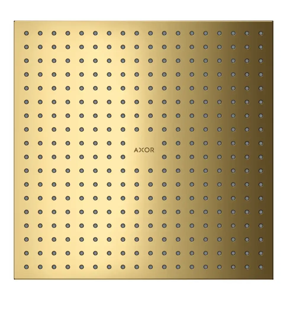 Kopfbrause in polierter Goldoptik mit gleichmäßigen Düsen, Marke AXOR, mit klarer, minimalistischer Oberfläche.